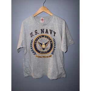 Bayside US Navy Graphic T-Shirt Mens Large Heather Gray Made in USA Military Tee
